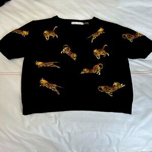 Alice & Olivia Tiger Appliqué Short Sleeve Sweater